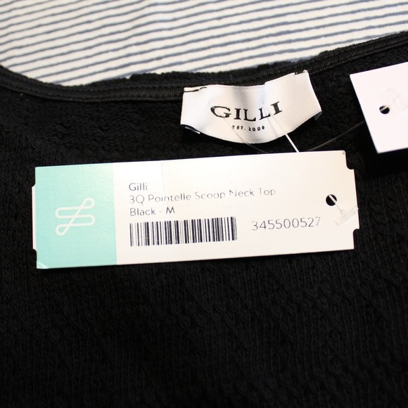NEW Gilli $68 Medium Black‎ Pointelle Scoop Neck 3/4 Sleeve 100% Cotton Sweater - Picture 3 of 11